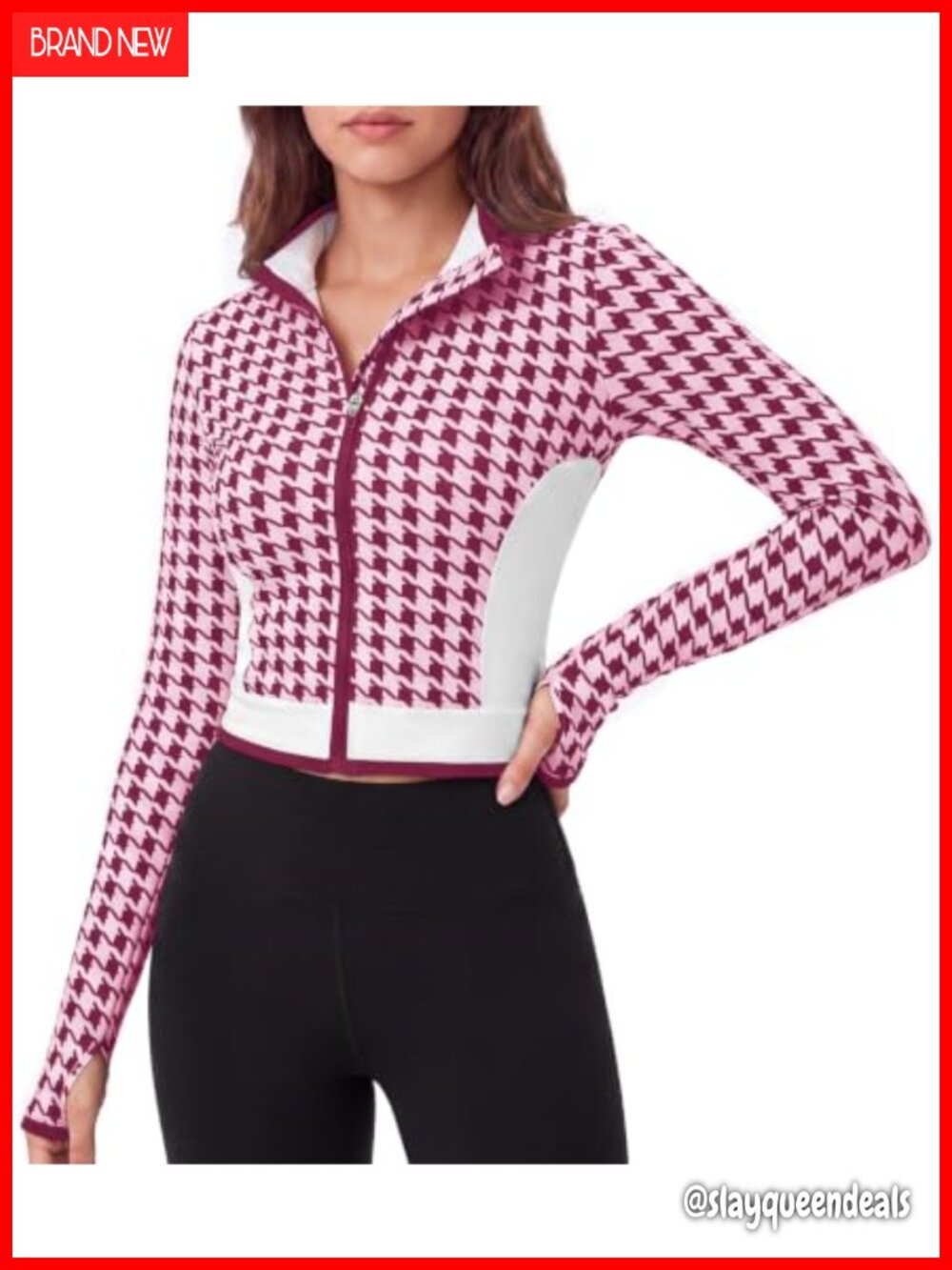 Houndstooth Zip Up Crop Athletic Jacket Thumb Holes